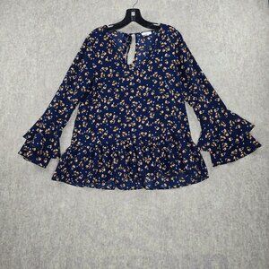 C Womens Floral Blouse Navy Long Sleeve Ruffle Hem Medium Lightweight